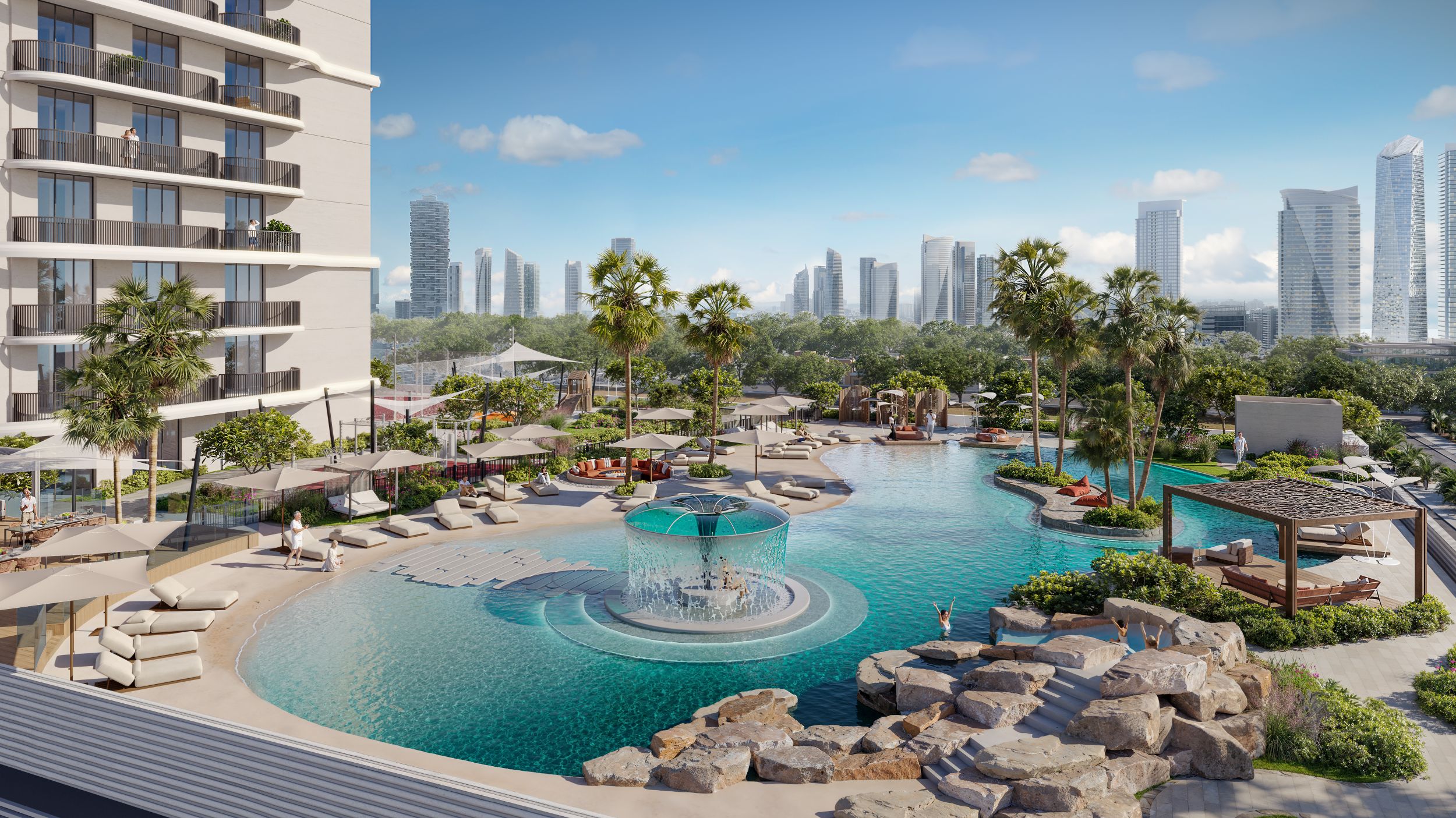 A wide angle shot of the pool at the ALTA V1EW property by Object1