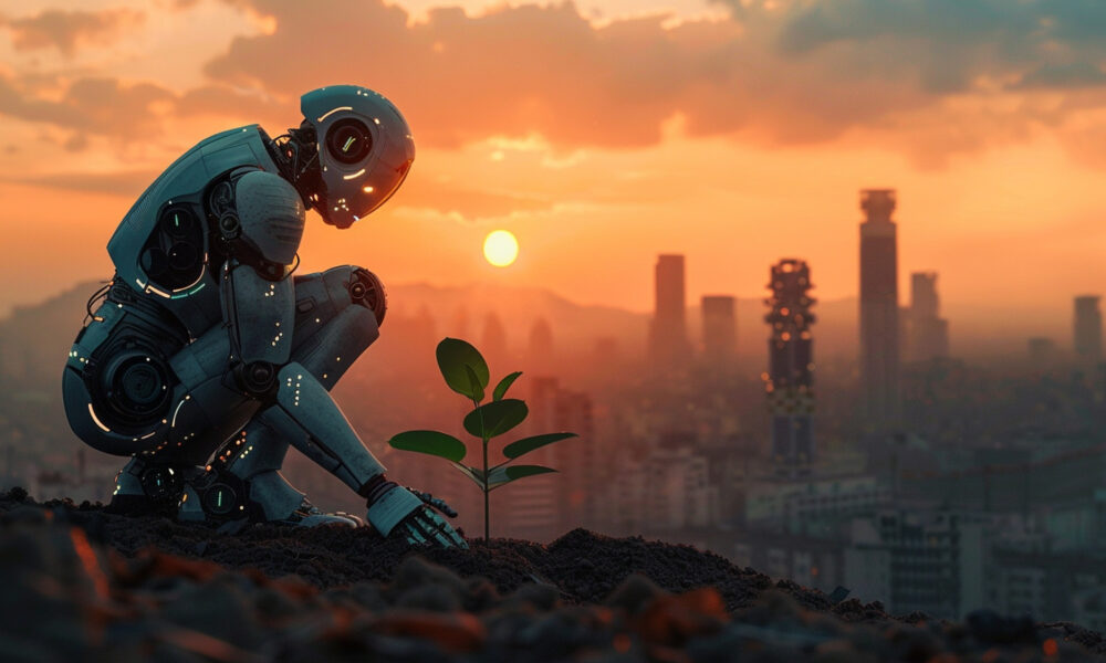 a side-angle shot of an AI-powered robot planting a sapling