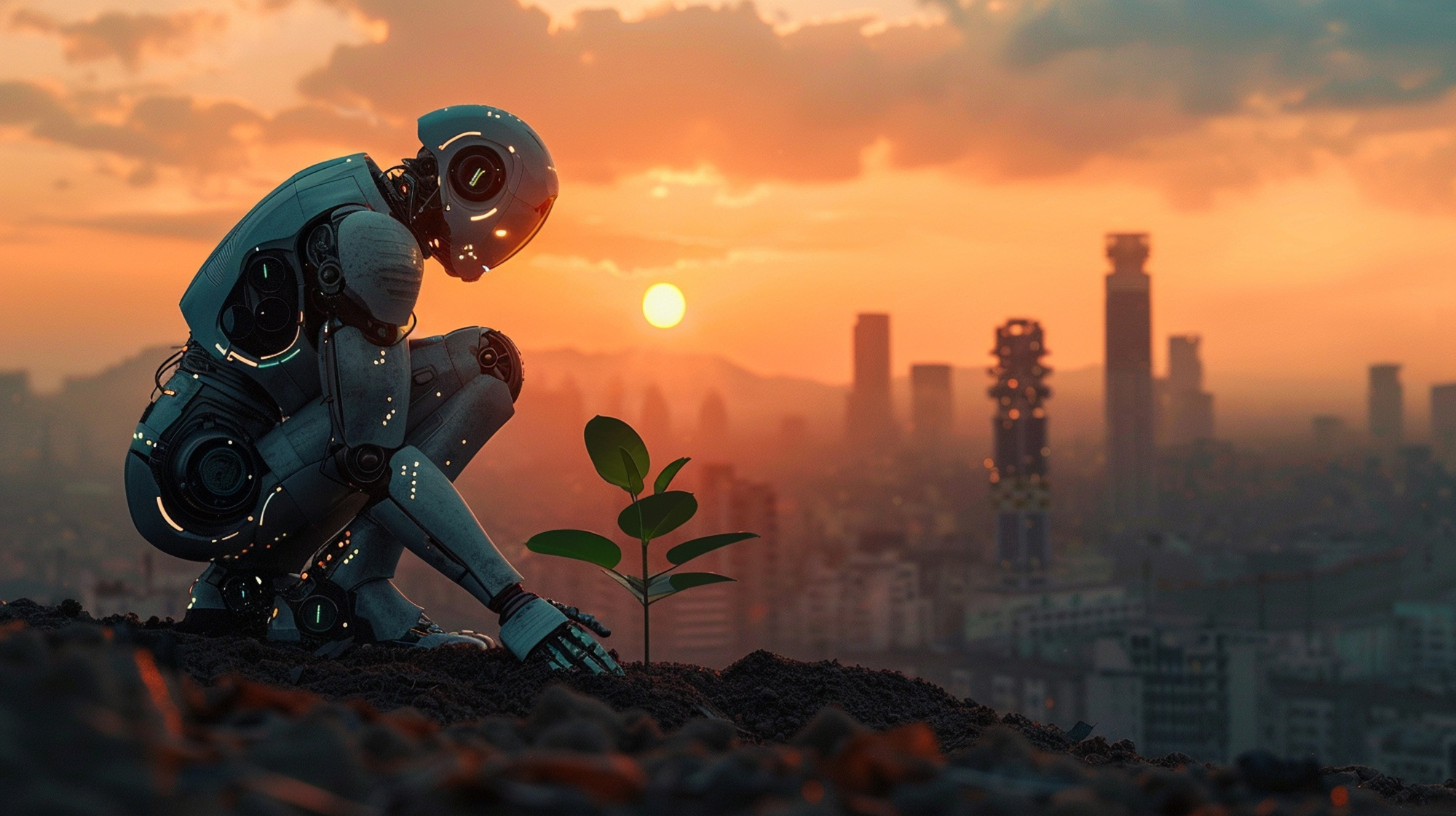 a side-angle shot of an AI-powered robot planting a sapling