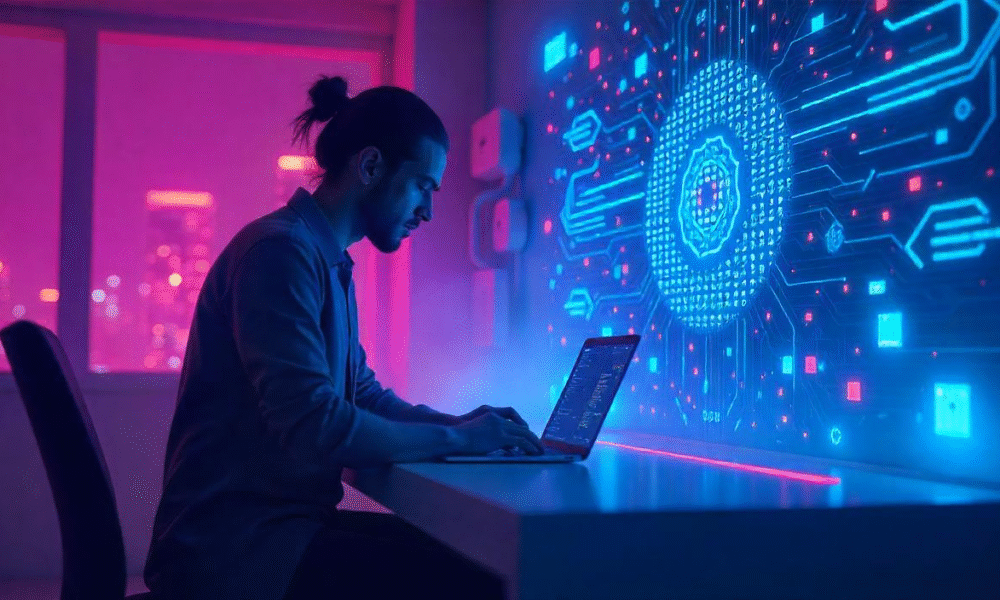Illustration of a developer using AI and Low-Code platforms for app development