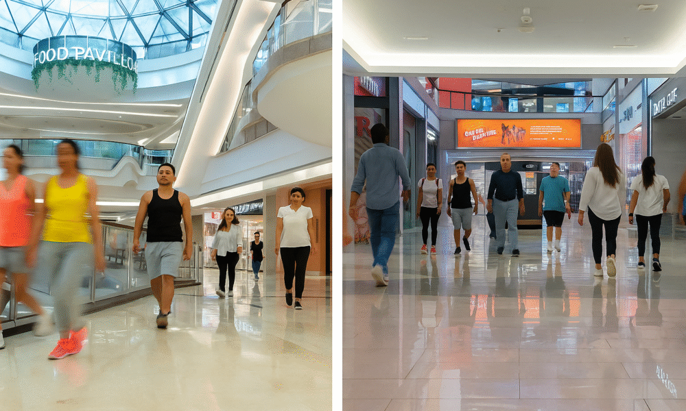 Shoppers and fitness enthusiasts walking inside BurJuman Mall during the Summer Walk wellness initiative.