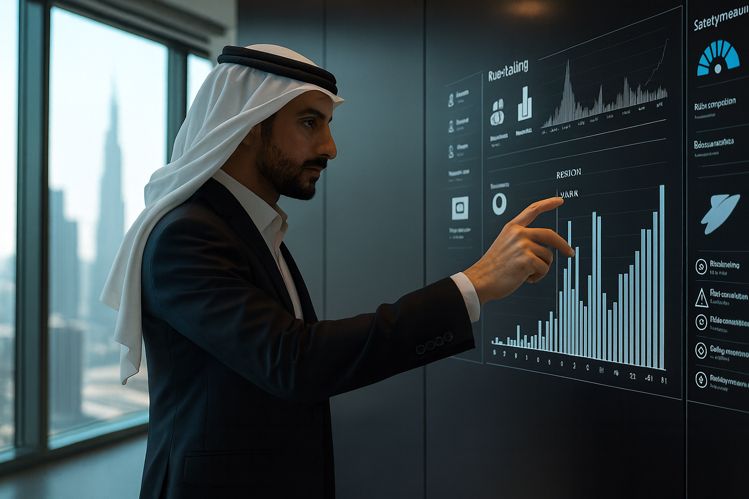 Arab tech executive presenting ride-hailing data in a Dubai office
