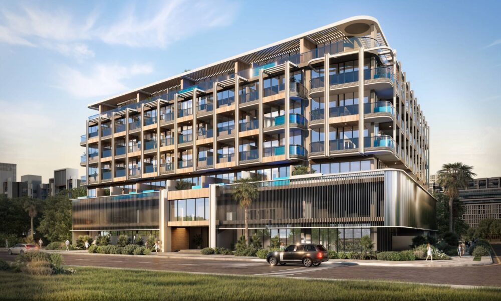 Modern 105 Residences apartment building in Jumeirah Village Circle featuring contemporary architecture with curved balconies, glass facades, and ground-level retail spaces.RetryClaude can make mistakes. Please double-check responses.