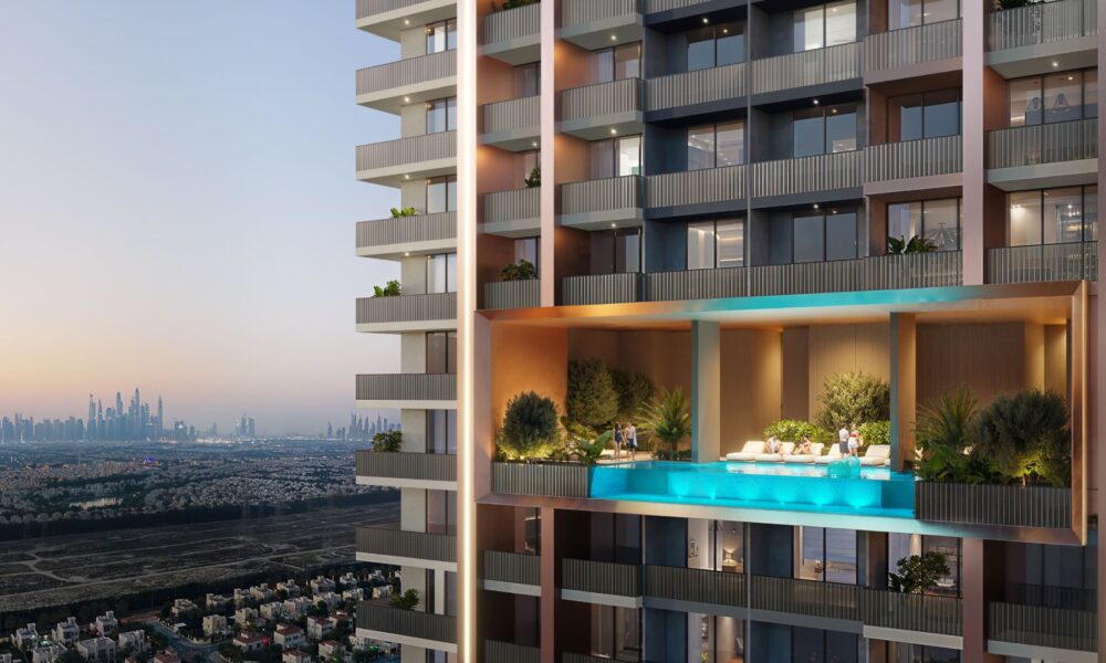 Modern residential tower with sky pool and Dubai skyline views featuring contemporary architecture and luxury amenities at sunset.