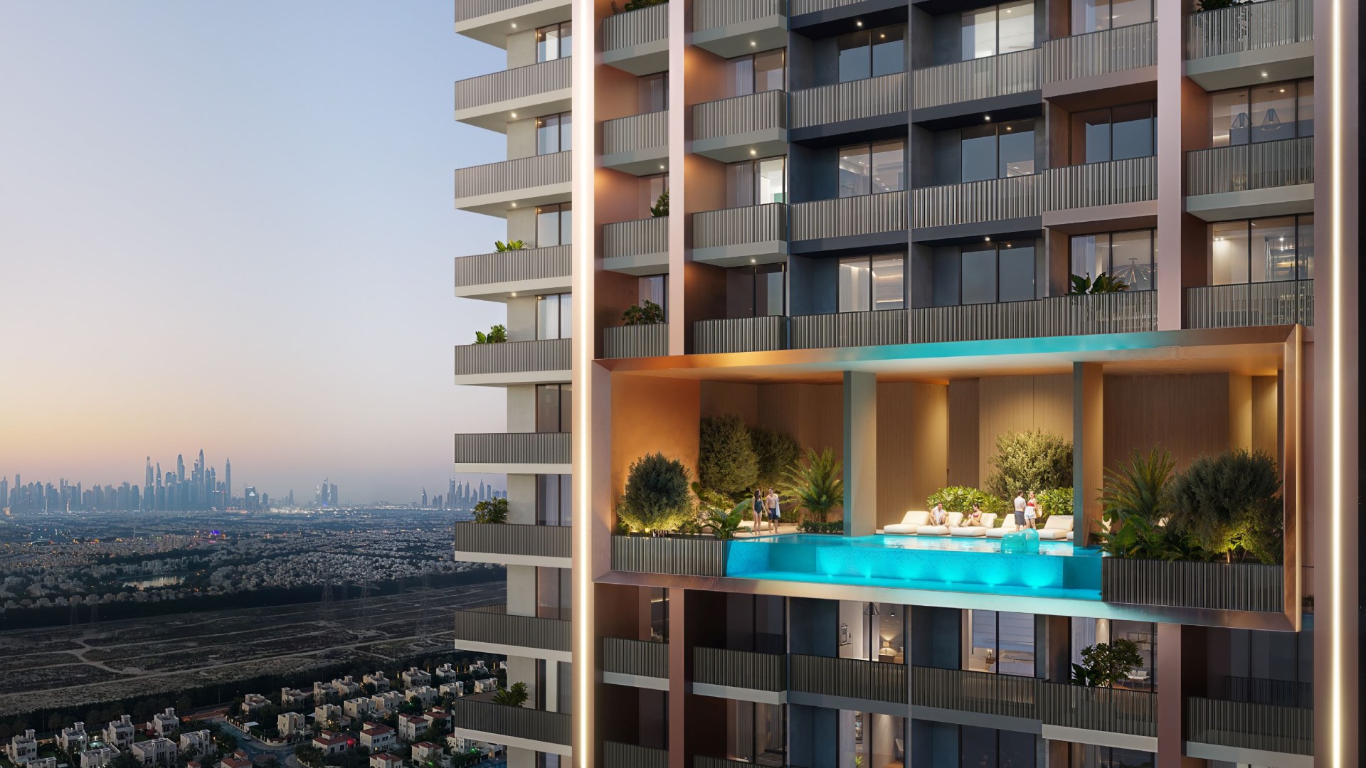 Modern residential tower with sky pool and Dubai skyline views featuring contemporary architecture and luxury amenities at sunset.