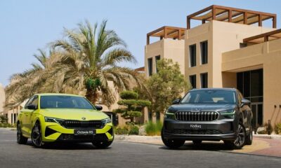 A front-angle shot of a Skoda Octavia RS and Skoda Kodiaq parked outdoors