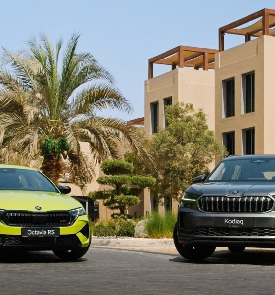 A front-angle shot of a Skoda Octavia RS and Skoda Kodiaq parked outdoors