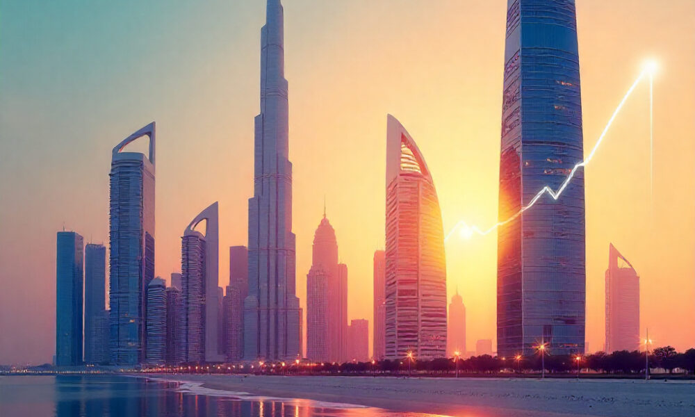 Modern Gulf city skyline at sunrise with a stylized upward growth line symbolizing economic and financial growth.