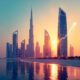 Modern Gulf city skyline at sunrise with a stylized upward growth line symbolizing economic and financial growth.