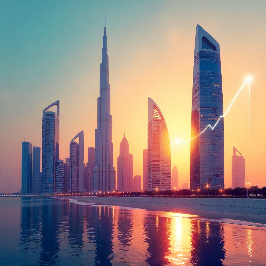 Modern Gulf city skyline at sunrise with a stylized upward growth line symbolizing economic and financial growth.