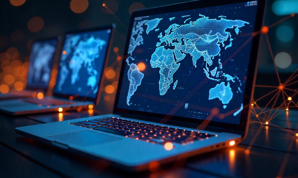 AI-powered PCs connected by digital networks symbolizing productivity, security, and innovation.
