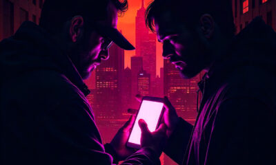 Comic-style illustration of a glowing smartphone surrounded by shadowy figures, symbolizing online privacy risks on social media