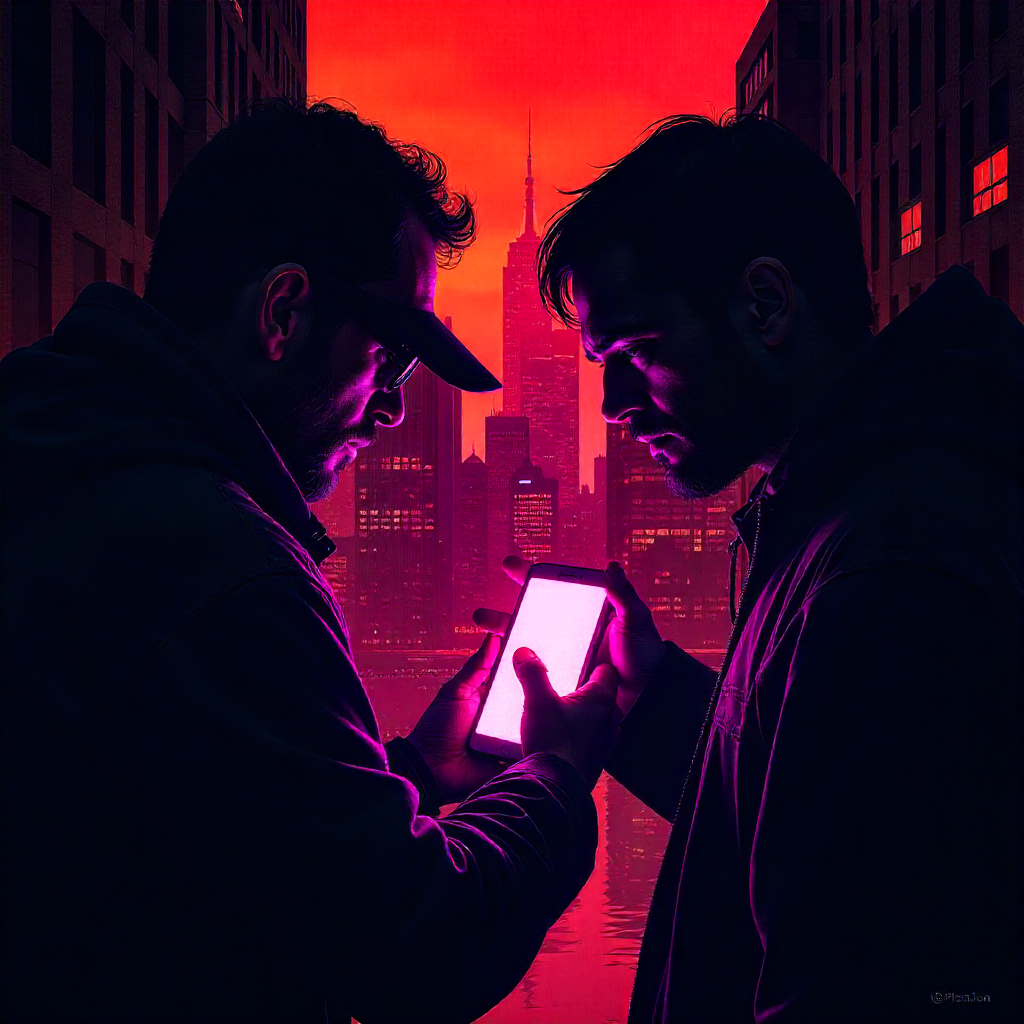 Comic-style illustration of a glowing smartphone surrounded by shadowy figures, symbolizing online privacy risks on social media