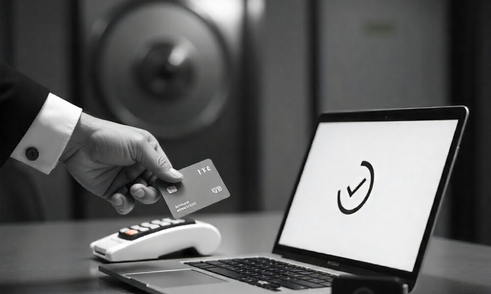 Male holding card and getting something accepted