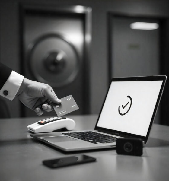 Male holding card and getting something accepted