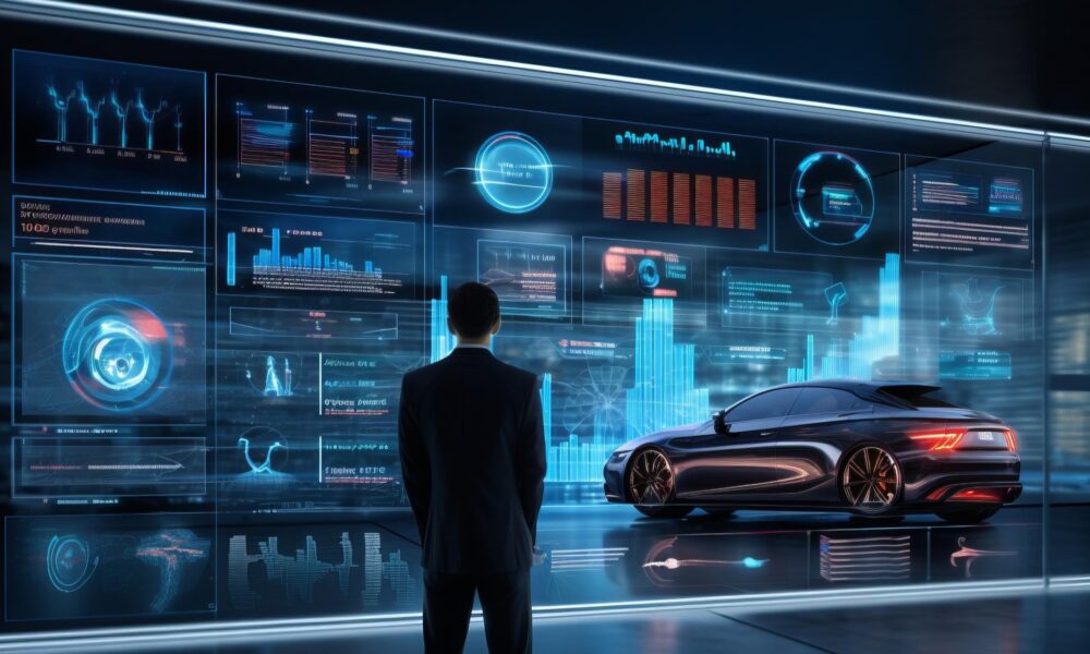 A rear-angle shot of an AI assistant visualized by AI