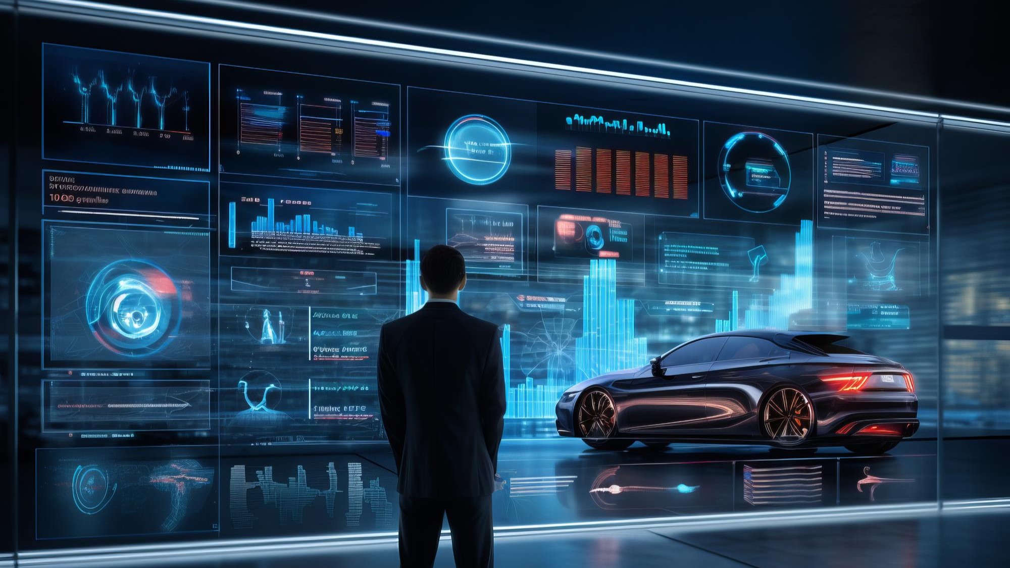 A rear-angle shot of an AI assistant visualized by AI