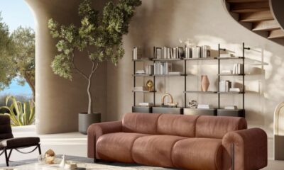 Natuzzi Italia terracotta leather sofa in Mediterranean-inspired living space with curved architecture, indoor olive tree, and modern shelving unit.