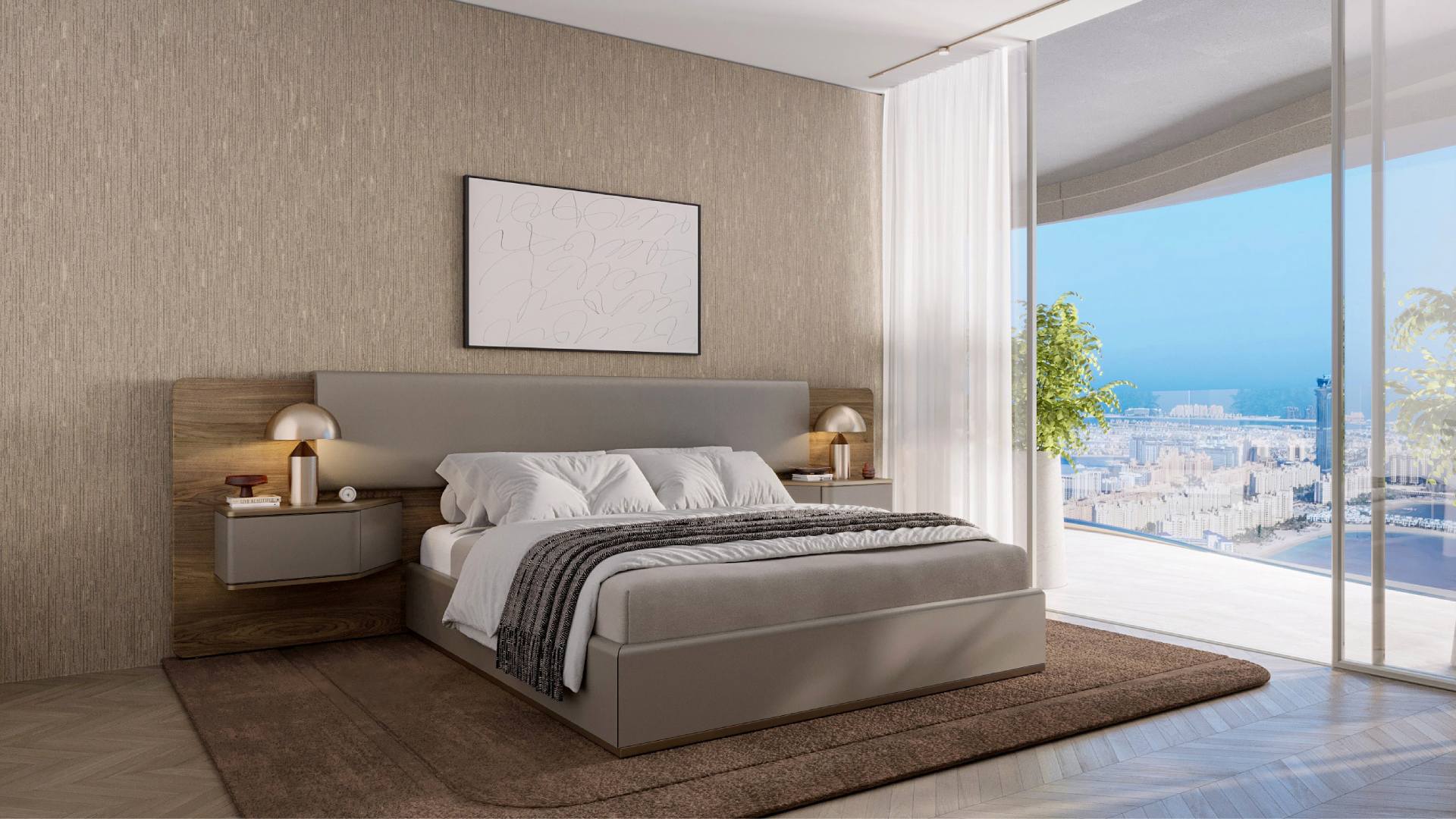Modern master bedroom with contemporary Pininfarina furniture, textured wall panels, panoramic city views, and neutral color scheme in luxury Dubai apartment.