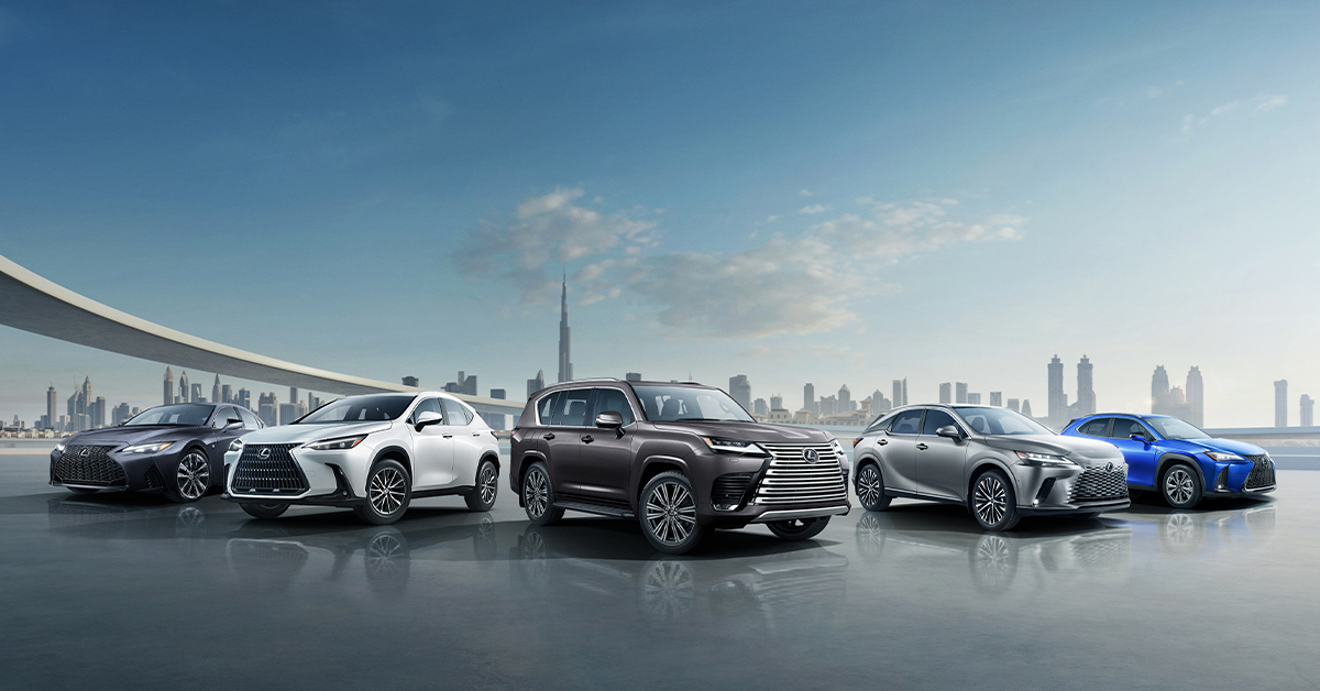 A wide-angle shot of the whole 2025 lineup of Al-Futtaim Lexus