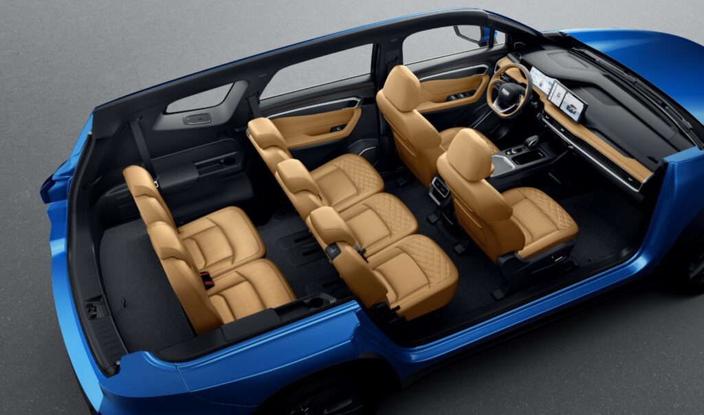 A high-angle shot of the interior of the interior of a Geely Okavango
