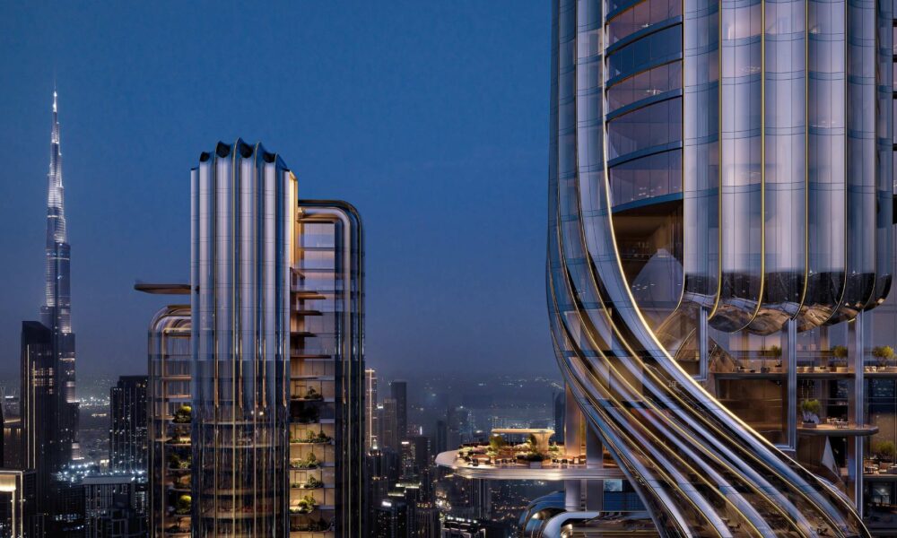 Architectural rendering of Object 1 premium high-rise residential development featuring distinctive curved metallic facade and sky terraces with Burj Khalifa visible in background during blue hour in Dubai