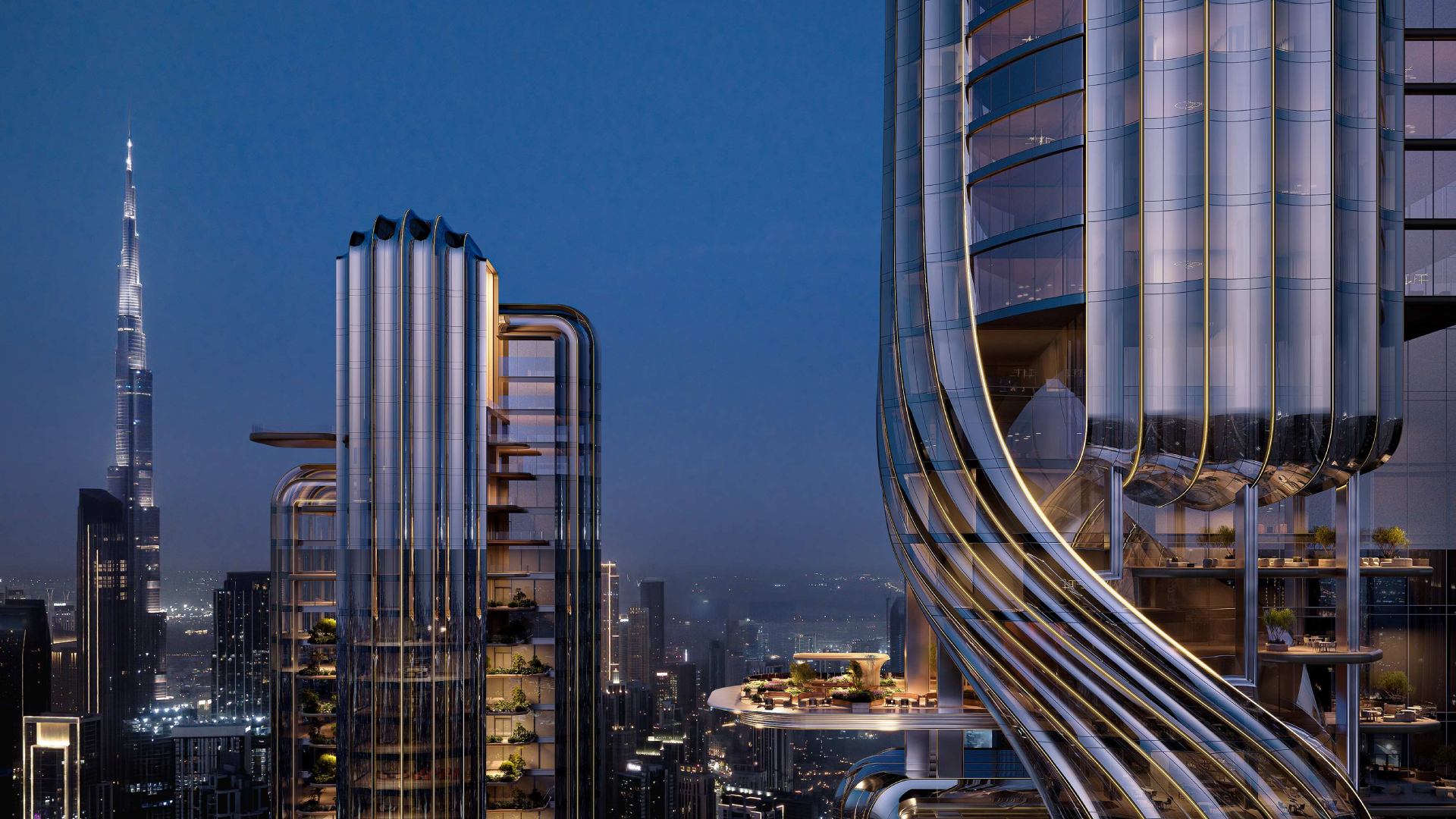 Architectural rendering of Object 1 premium high-rise residential development featuring distinctive curved metallic facade and sky terraces with Burj Khalifa visible in background during blue hour in Dubai