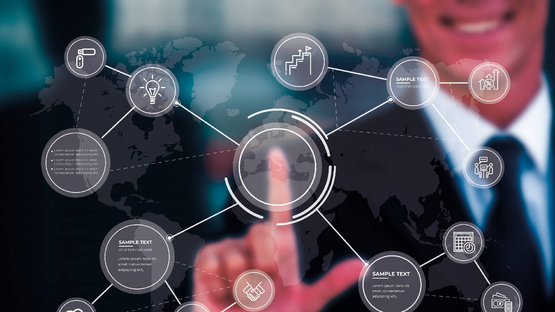 Business professional pointing at digital network interface with interconnected icons representing enterprise solutions, innovation, and global connectivity over world map background.