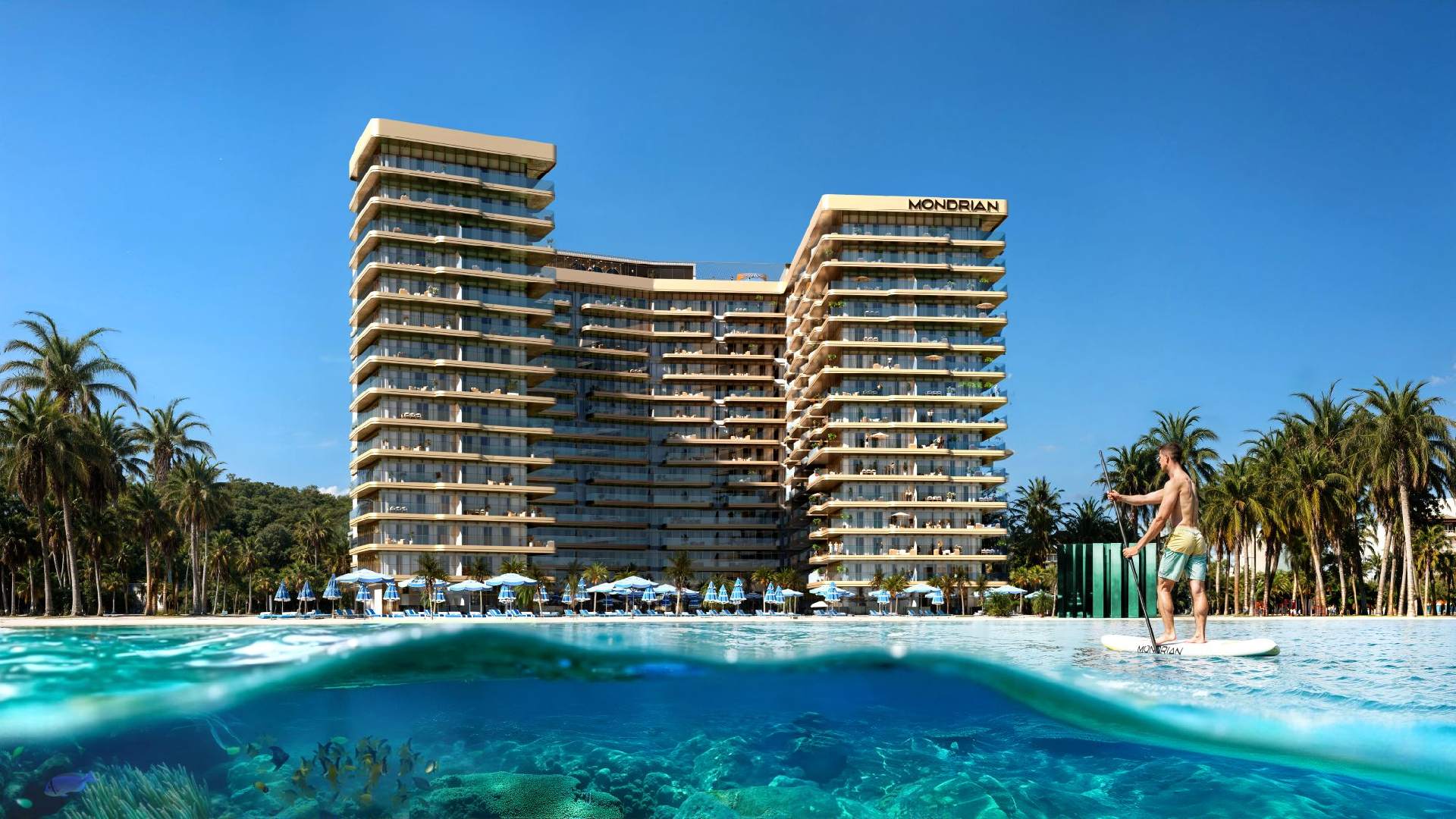 Luxurious beachfront Mondrian hotel with modern architecture, surrounded by palm trees and clear blue water where a man is paddleboarding
