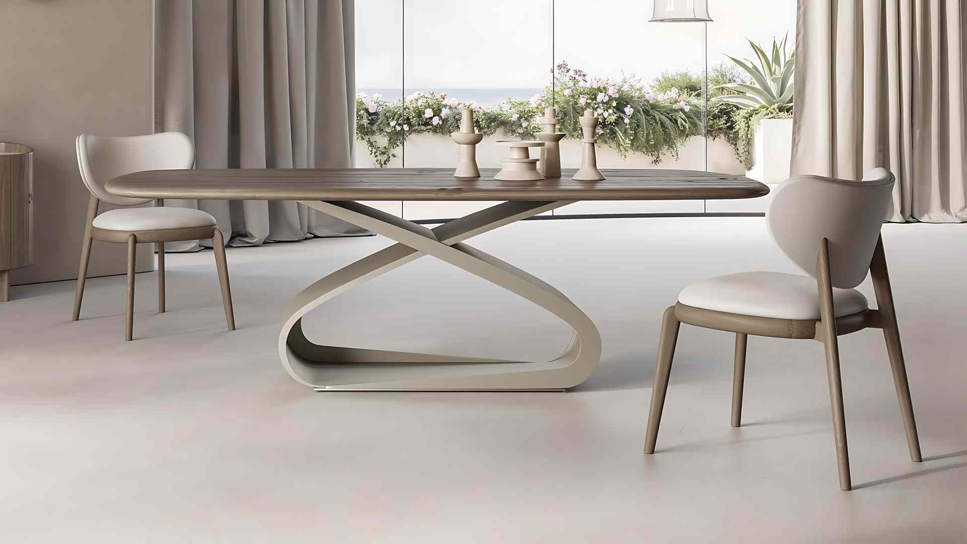 Modern dining room with a sculptural oval table, two upholstered chairs, and neutral-toned minimalist decor