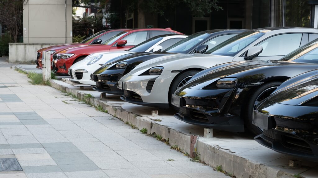 A wide-angle shot of a fleet of cars