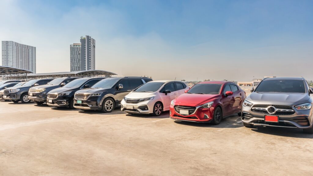 A wide-angle shot of a fleet of cars