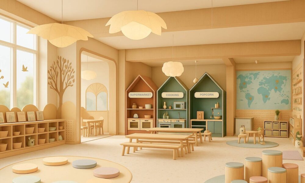 The Baby Atelier-designed children's learning center featuring warm wood tones, role-play zones with miniature supermarket and cooking stations, circle time seating, and world map for therapeutic healthcare environment.
