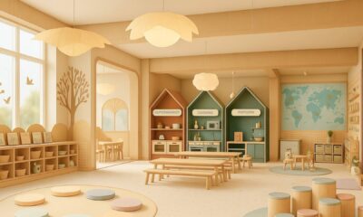 The Baby Atelier-designed children's learning center featuring warm wood tones, role-play zones with miniature supermarket and cooking stations, circle time seating, and world map for therapeutic healthcare environment.