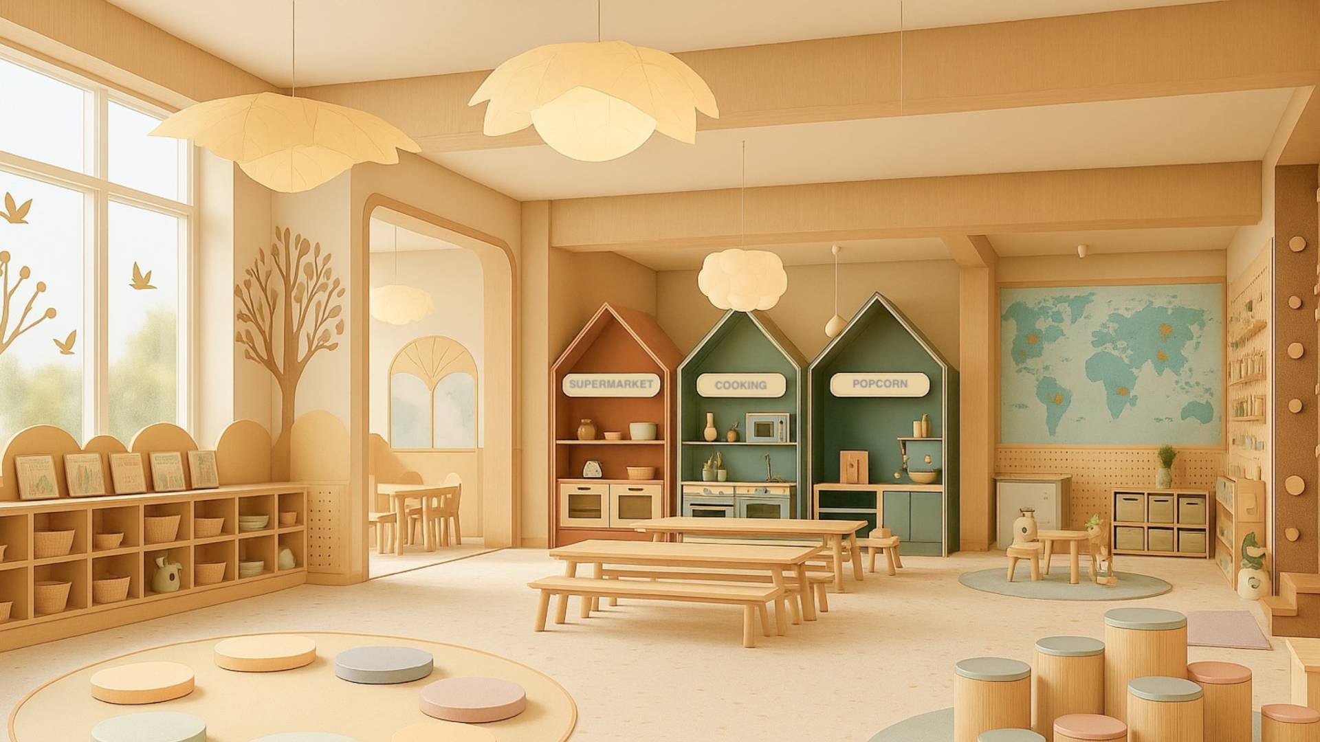 The Baby Atelier-designed children's learning center featuring warm wood tones, role-play zones with miniature supermarket and cooking stations, circle time seating, and world map for therapeutic healthcare environment.
