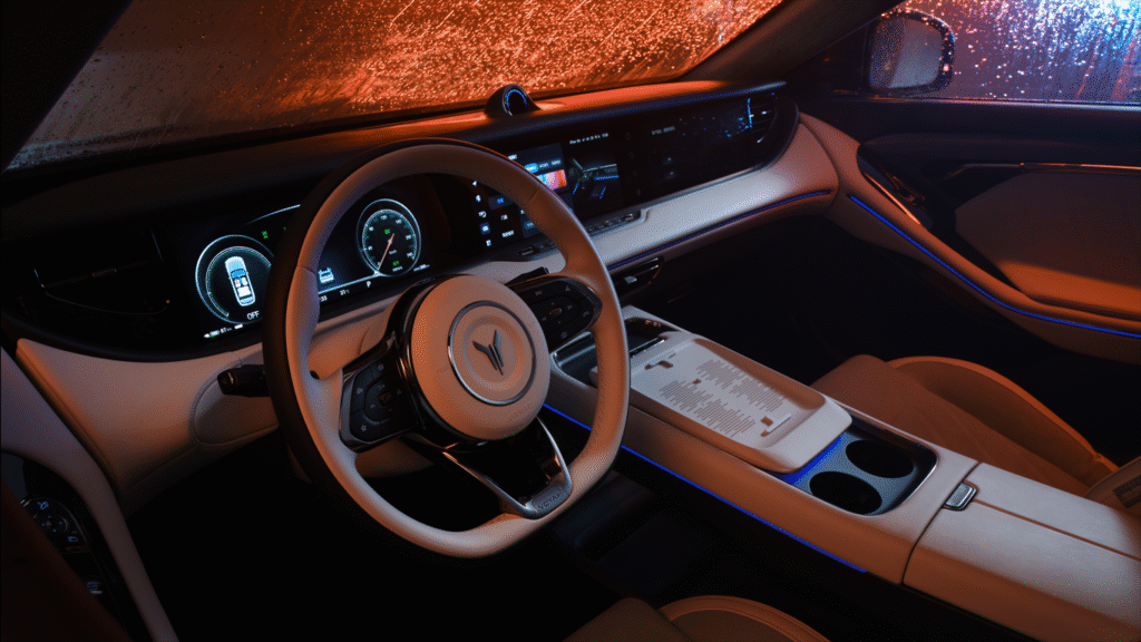 An interior shot of the front cabin of a VOYAH FREE SUV