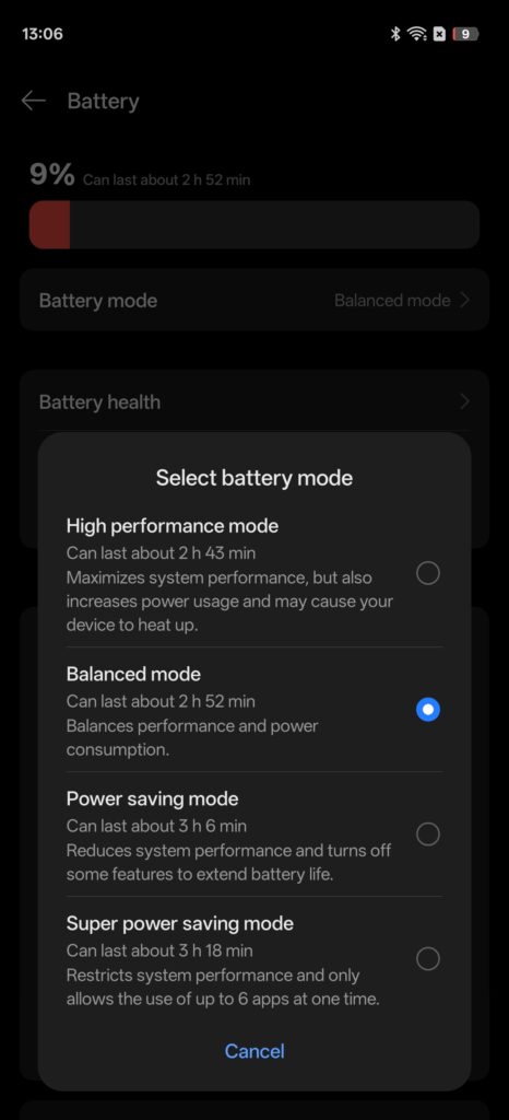 Screenshot from the Oppo A6 Pro 5G showing its battery stats