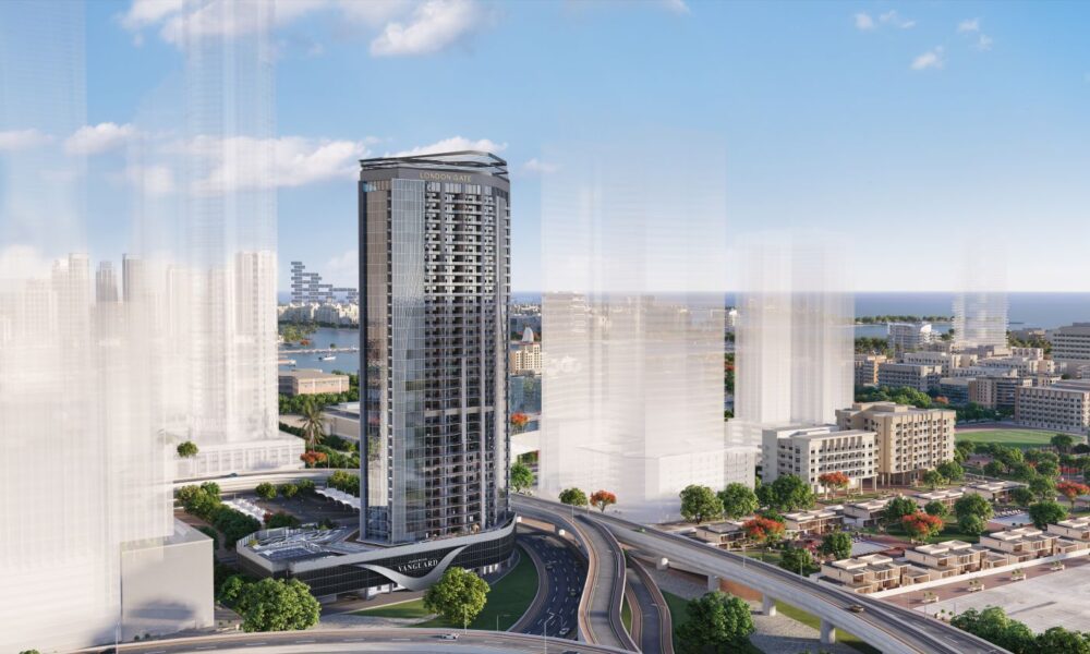 Architectural rendering of London Gate's Vanguard by Franck Muller high-rise tower with contemporary glass facade in Dubai Marina development area.Retry