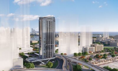 Architectural rendering of London Gate's Vanguard by Franck Muller high-rise tower with contemporary glass facade in Dubai Marina development area.Retry