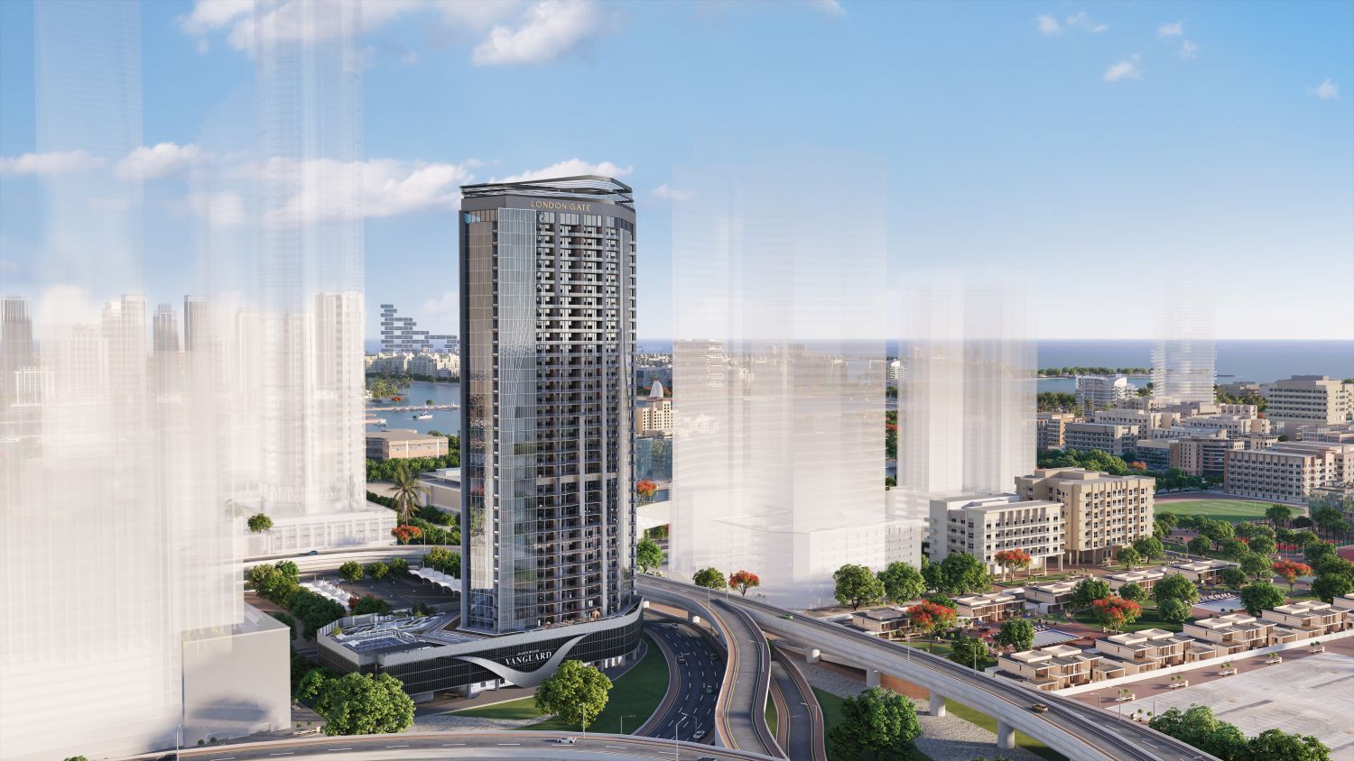 Architectural rendering of London Gate's Vanguard by Franck Muller high-rise tower with contemporary glass facade in Dubai Marina development area.Retry
