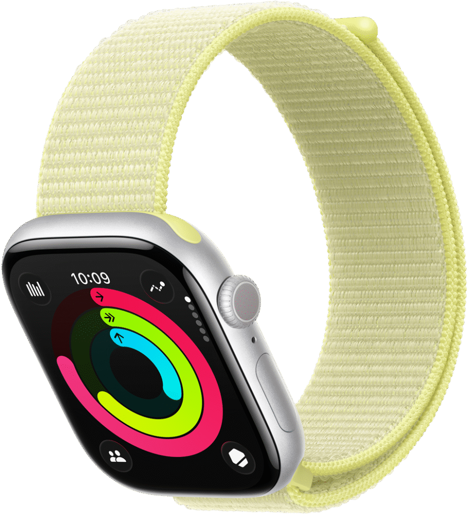An indoor product shot of the new Apple Watch Series 11 displaying activity status.