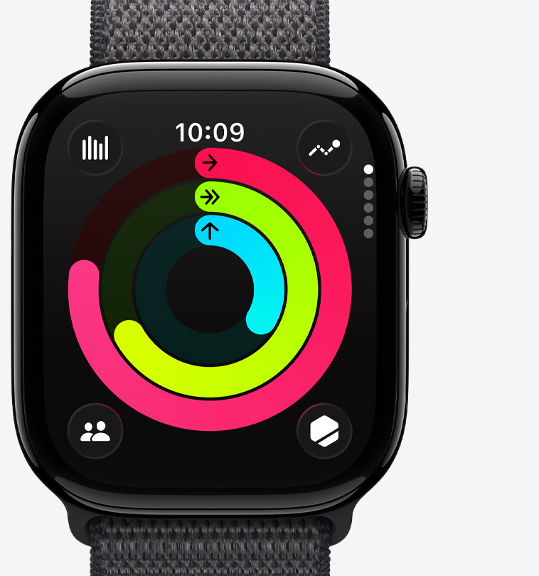 An indoor product shot of the new Apple Watch Series 11 showing fitness activity data.