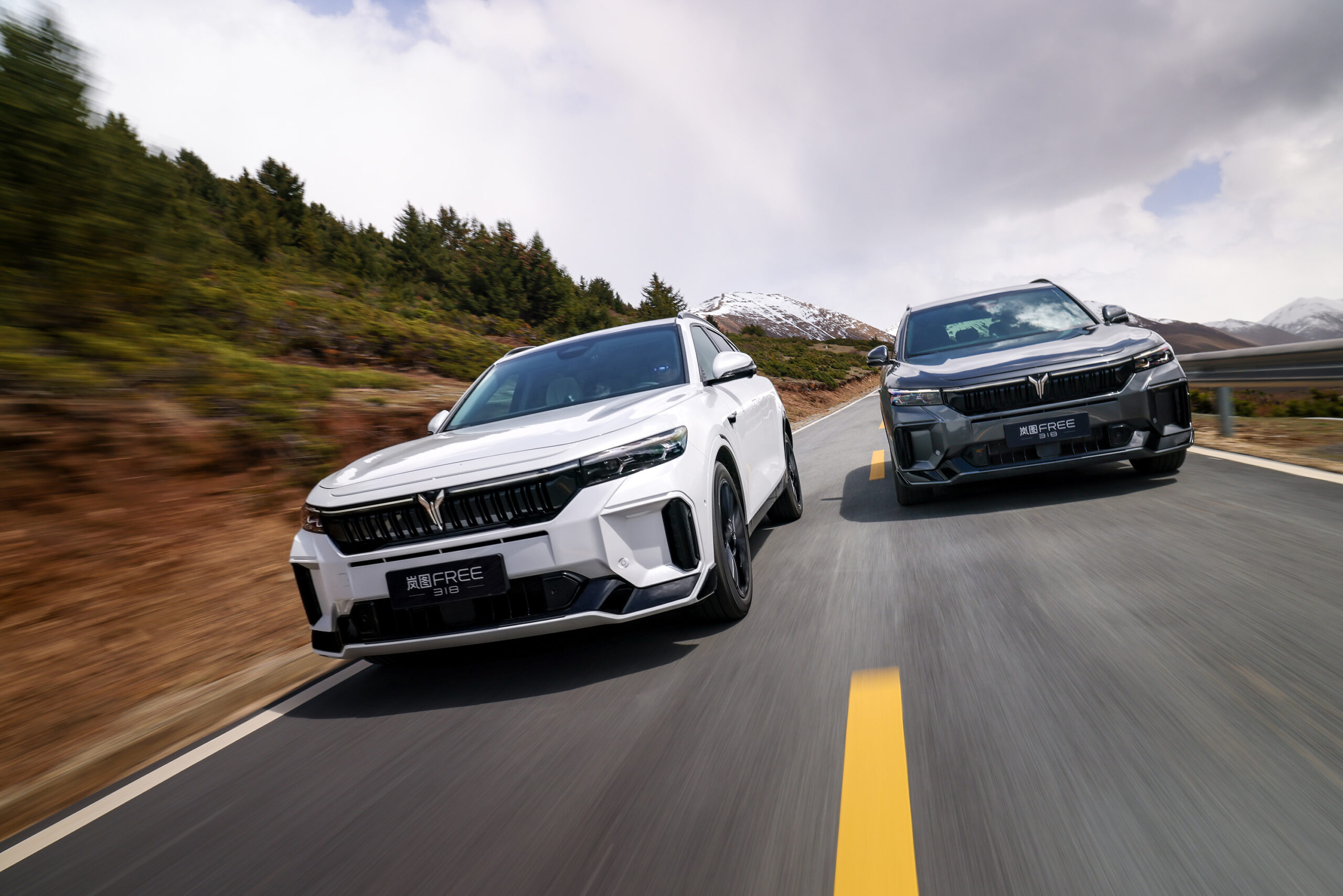 A front-angle action shot of two VOYAH FREE SUVs driven parallelly on a scenic road