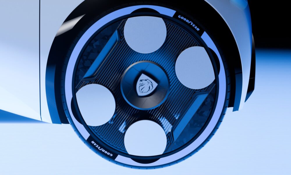 A side-angle shot of the tire of the Polygon Concept Car made in partnership by Goodyear and Peugeot.