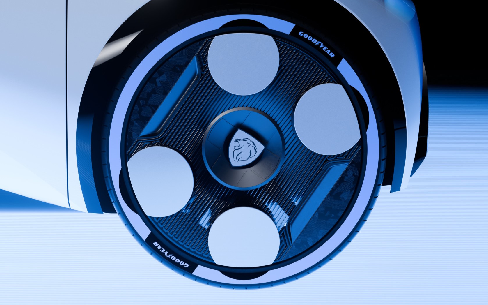 A side-angle shot of the tire of the Polygon Concept Car made in partnership by Goodyear and Peugeot.