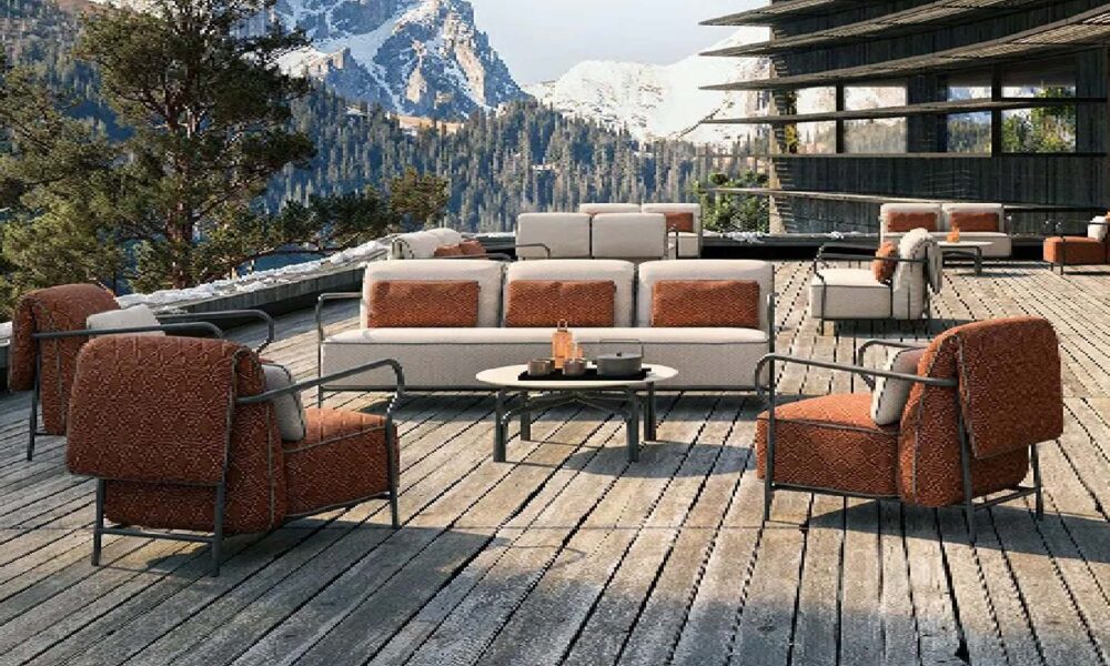 Unopiù luxury outdoor furniture collection on mountain terrace with modern sofas and armchairs showcased by Western Furniture