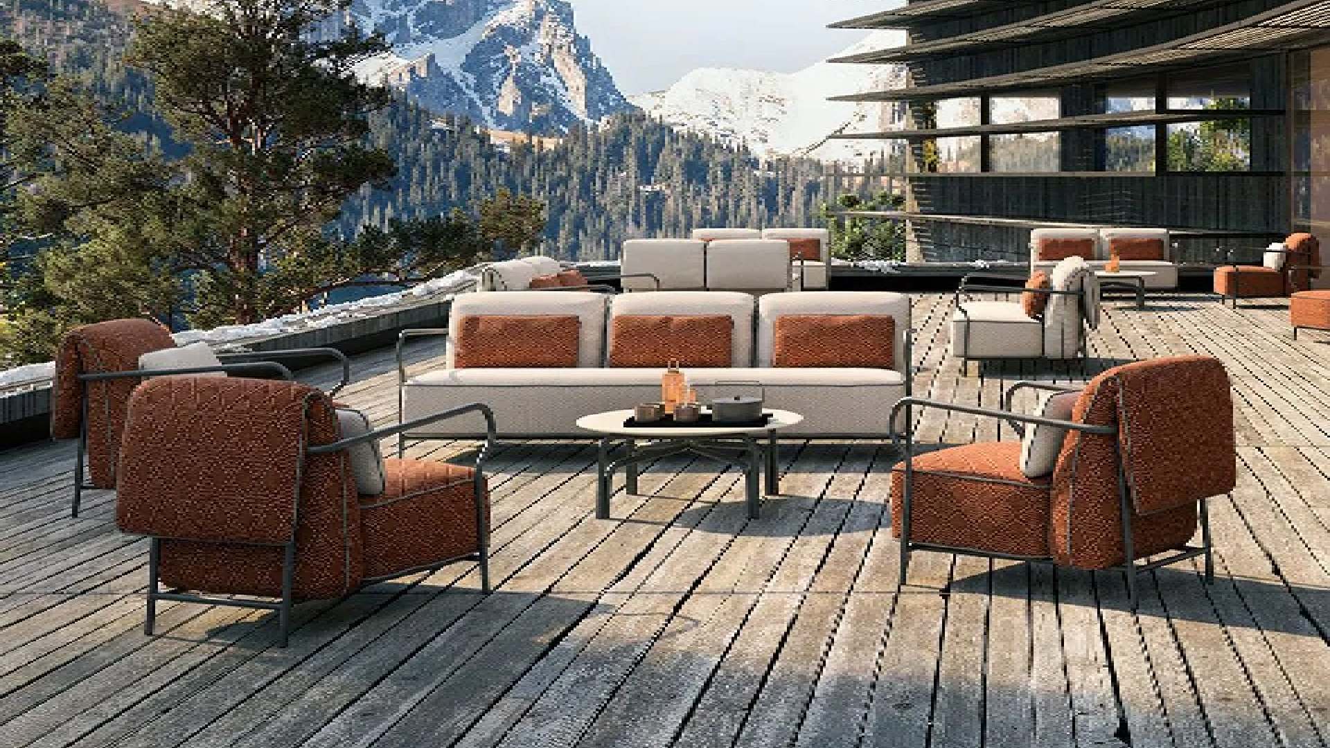 Unopiù luxury outdoor furniture collection on mountain terrace with modern sofas and armchairs showcased by Western Furniture
