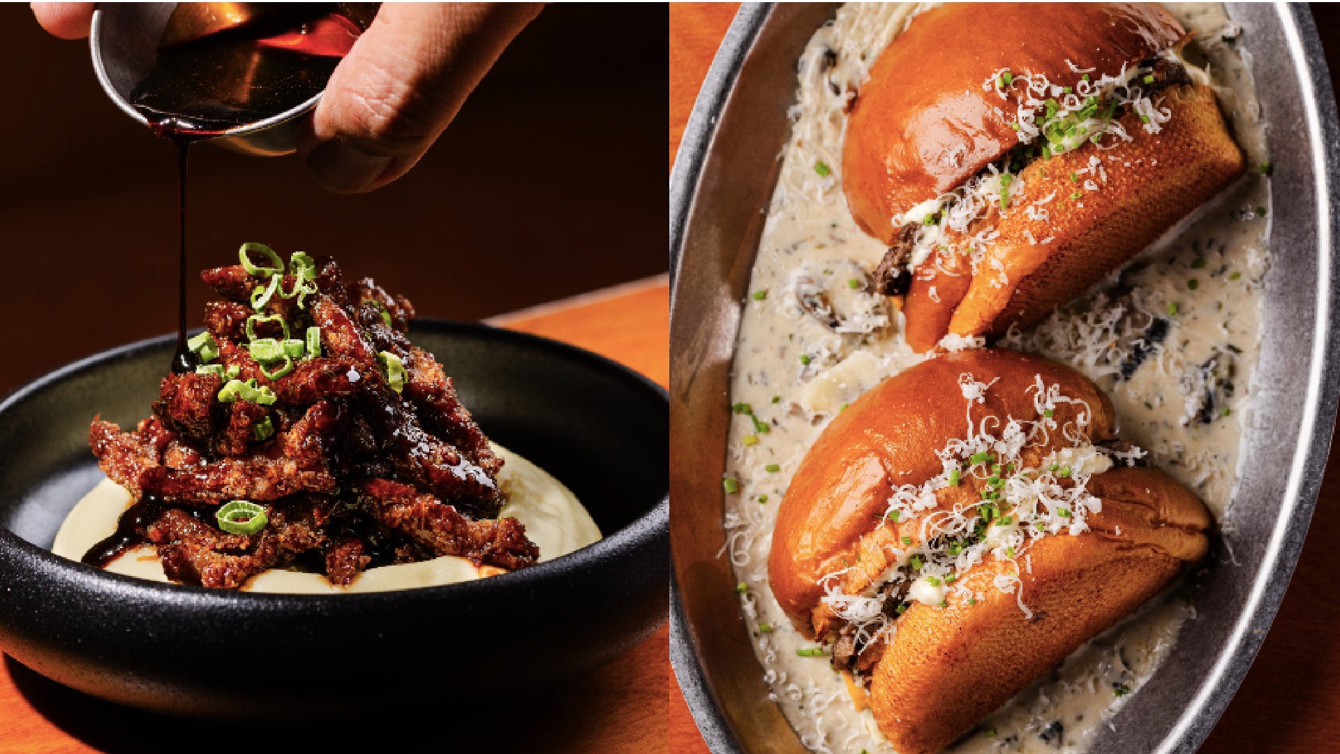 Crispy beef with mashed potato and gourmet burgers with creamy sauce from Pounders Dubai menu
