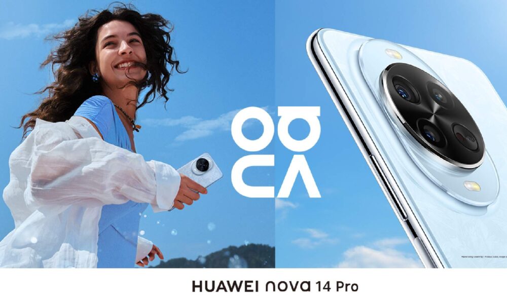 HUAWEI nova 14 Pro smartphone with quad camera system and young woman taking selfie outdoors against blue sky