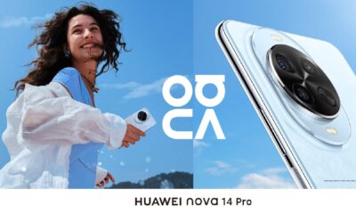 HUAWEI nova 14 Pro smartphone with quad camera system and young woman taking selfie outdoors against blue sky